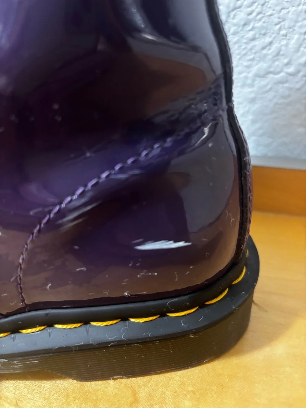 Dr. Martens Glossy Purple Patent Lace-Up Boots with Yellow Heel Loop - Picture 5 of 5